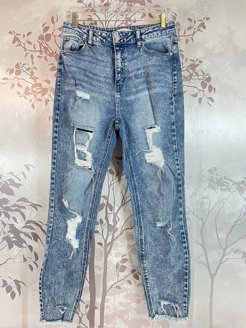 Tinseltown High Rise Distressed Mom Jeans Acid Wash Raw Hem Blue 29 Grunge Y2K